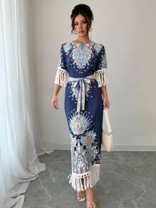 Chiquease Round Neck Side Slit Hem Printed Long Dress For Women - Blue - View 3