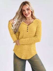 SHEIN LUNE Camiseta casual de mujer de manga larga con cuello en V y botones de unicolor para el otoño