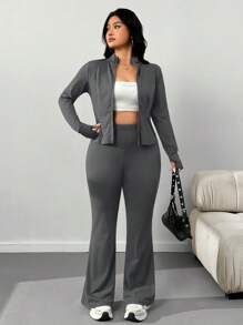 SHEIN EZwear 大码休闲轻便瑜伽夹克和喇叭裤套装，两件套女式灰色两件套长袖两件套女式两件套 - 灰色 - 查看 5