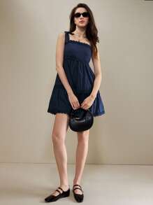 SHEIN Unity Women Solid Color Layered Ruffled Sleeveless Mini Dress, Summer Outfit,Dresses For Women Summer - Navy Blue - View 3