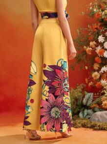 Frida Kahlo X SHEIN X Designer Israel Jasso Pantaloni a gamba ampia con stampa floreale posizionata, fessura sexy aperta, adatti per le vacanze estive