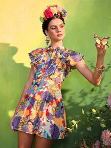 Redefinition Frida Kahlo X SHEIN X Designer Vestido corto de verano para mujeres con impresión floral, cuello anudado, volantes en mangas cortas y falda fruncida - Multicolor - Ver 6