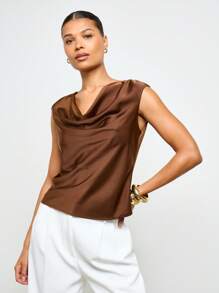 AiiRZ 优雅垂坠领缎面无袖衬衫晚装专业办公室装上衣休闲正装背心女士商务时尚假日 - 棕色 - 查看 1