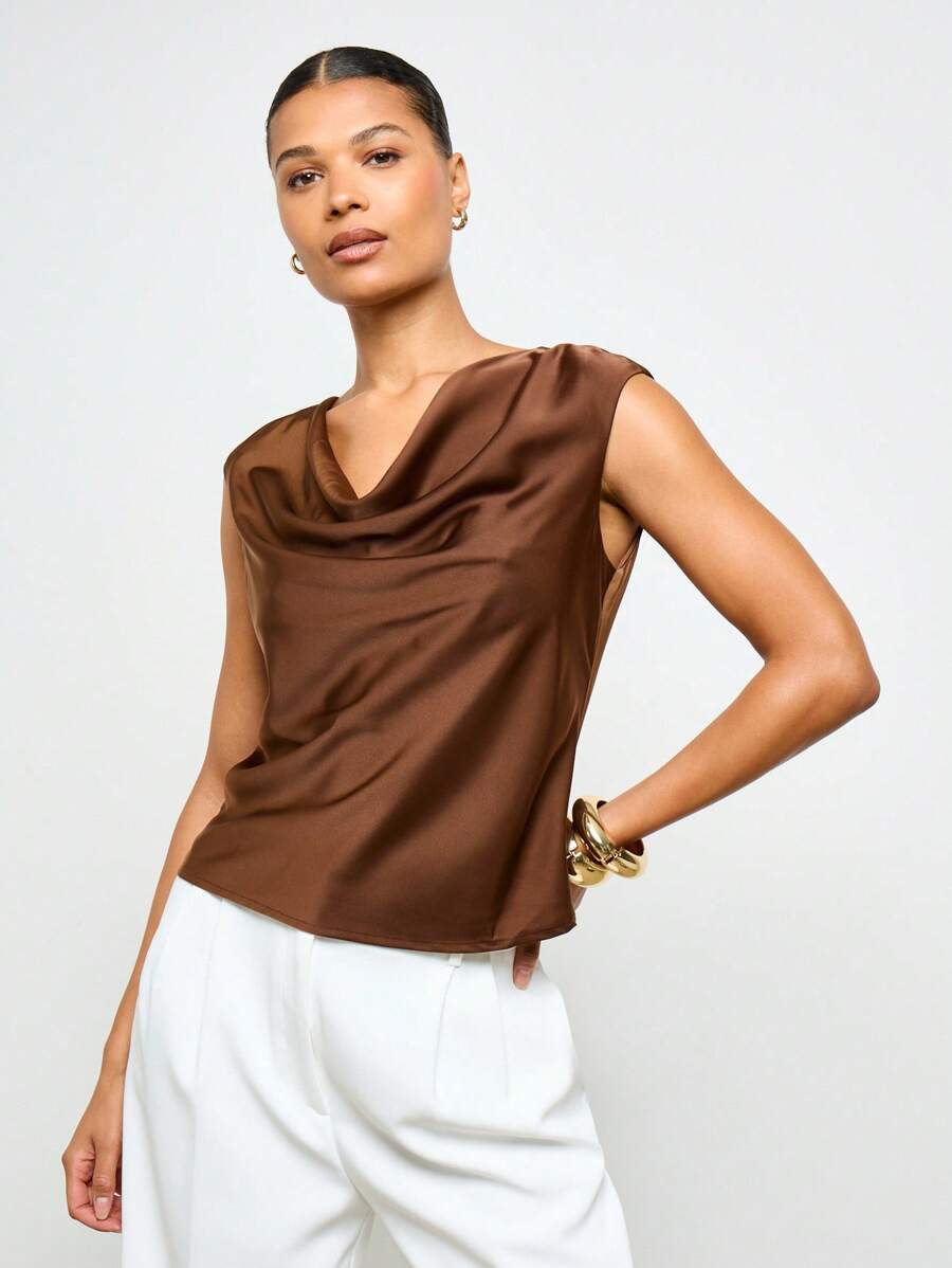 AiiRZ 优雅垂坠领缎面无袖衬衫晚装专业办公室装上衣休闲正装背心女士商务时尚假日 - 棕色 - 查看 1