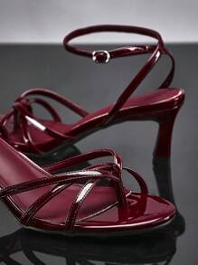 SHUZIA Giày cao gót nữ, quai hậu khóa thời trang bằng da PU sáng bóng thanh lịch - Màu Đỏ Sâu - Xem 5