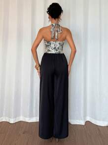 Chiquease Fashion Temperament Halterneck Sleeveless Backless Jacquard Vest Elastic Waist Black Long Wide-Leg Pants Ladies Spring And Summer Two-Piece Set Retro Ladies Casual Suit July 4th