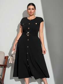 Chikora 大码女式圆领高腰金属扣连衣裙，新娘妈妈连衣裙，夏季，时尚夏季 - 黑色 - 查看 4