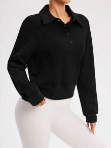 Easithlete Solid Color Casual Versatile Pullover Long Sleeve Sweatshirt - Black - View 5