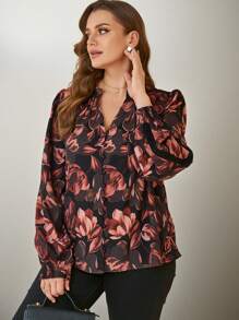 EMERY ROSE Plus Size Women's Elegant Chiffon Floral Button-Up Loose Long Sleeve Shirt With Contrast Lace And Ruffle Cuffs In Metallic Colors - Multicolor - View 3