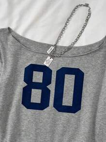 Teen Girl Casual Royal Grey Knitted Slogan Off-Shoulder Printed Short Short-Sleeved Fitted Top, Spring And Summer, Cool, Basic, Daily, Versatile, Sports Fashion Summer Tops, Back To School Season, School Uniforms Teen Girl Crop Top Teen Girls T Shirts - Grey - View 5