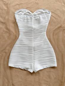 Soleia 女士度假白色针织波浪纹露肩连体衣，金属扣装饰，修身显身材，适合派对、约会、下午茶、内搭或外穿 - 白色 - 查看 2