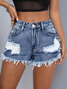 SHEIN PETITE Summer Fashion Washed Hole & Frayed Edge Denim Shorts - Medium Wash - View 5