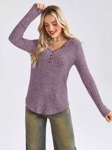 EMERY ROSE Women V-Neck Button Half Placket Long Sleeve Casual T-Shirt, Spring Summer - Purple - View 6