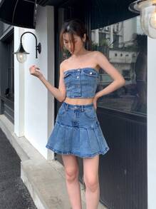 SHEIN ICON Women Casual Street Chic Flap Detail Single-Breasted Cropped Tube Top And Pleated Denim Skirt 2-Piece Set, Summer - Blue - View 3