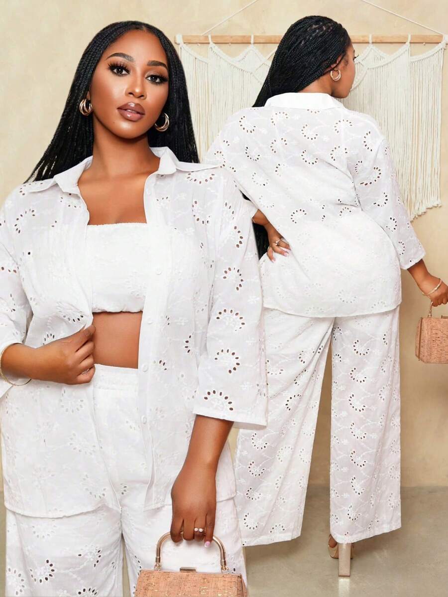 BamGleam Women Vacation Casual Solid Hollow Out Embroidered Blouse - White - View 1