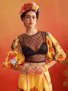 ISELACOS Frida Kahlo X SHEIN X Designer Polka Dot Transparent Mesh Printed Lantern Sleeves Sexy Top Women Summer Top - Multicolor - View 4