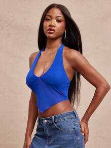 SHEIN Unity 上衣深 V 领紧身胸衣纯色露背夏季基本款上衣派对俱乐部音乐演唱会节日秋季夏季女士服装