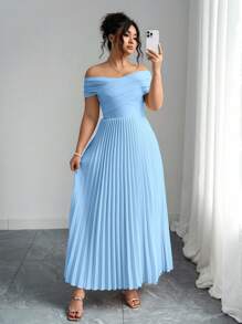 SHEIN PETITE 褶皱露肩设计加大码连衣裙，露肩生日礼服夏季女士服装优雅正式婚礼宾客礼服 - 藍色 - 查看 6