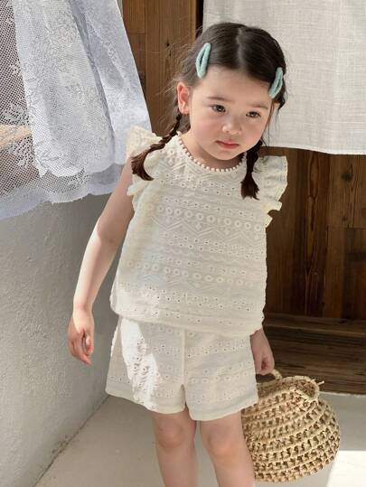 SHEIN Vintaside Kids 2pcs/Set Baby Girls 0-3Y Sweet Casual Outdoor Cap Sleeve T-Shirt + Shorts, Spring/Summer