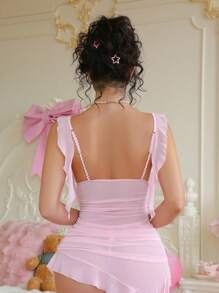 PetitDoll 2-Piece Set: Pleated Asymmetrical Net Mini Skirt For Going Out - Pink - View 3