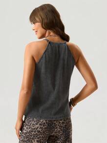 SHEIN LUNE Áo tank top kiểu miền Tây dành cho nữ, cổ chữ U, kiểu vintage rách rưới, không tay, có bèo nhún trang trí bên hông. - màu đen - Xem 2