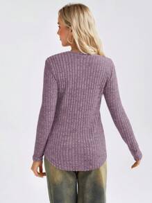 EMERY ROSE Women V-Neck Button Half Placket Long Sleeve Casual T-Shirt, Spring Summer - Purple - View 4