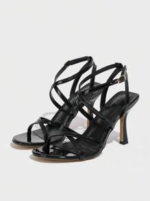 CUCCOO SZL Women's Pointed Toe Sexy Patent Leather Criss-Cross Buckle Strap Roman Style Party Stiletto High Heel Sandals For Christmas - Black - View 3