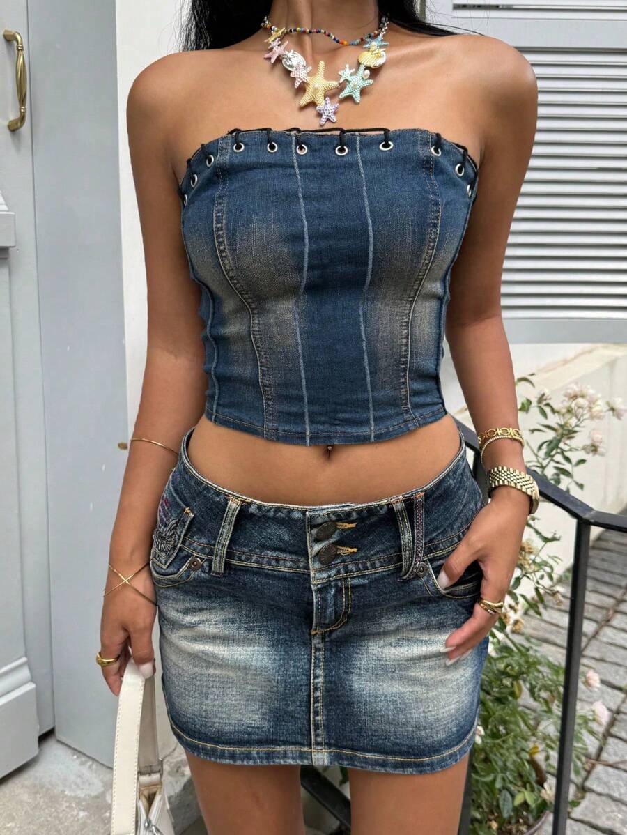 SHEIN ICON 女式牛仔露背短款上衣,带圆孔眼,适合夏季穿着 - 藍色 - 查看 1