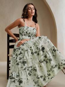 Anewsta French Countryside Plant Printed Wood Bead Strap Dress