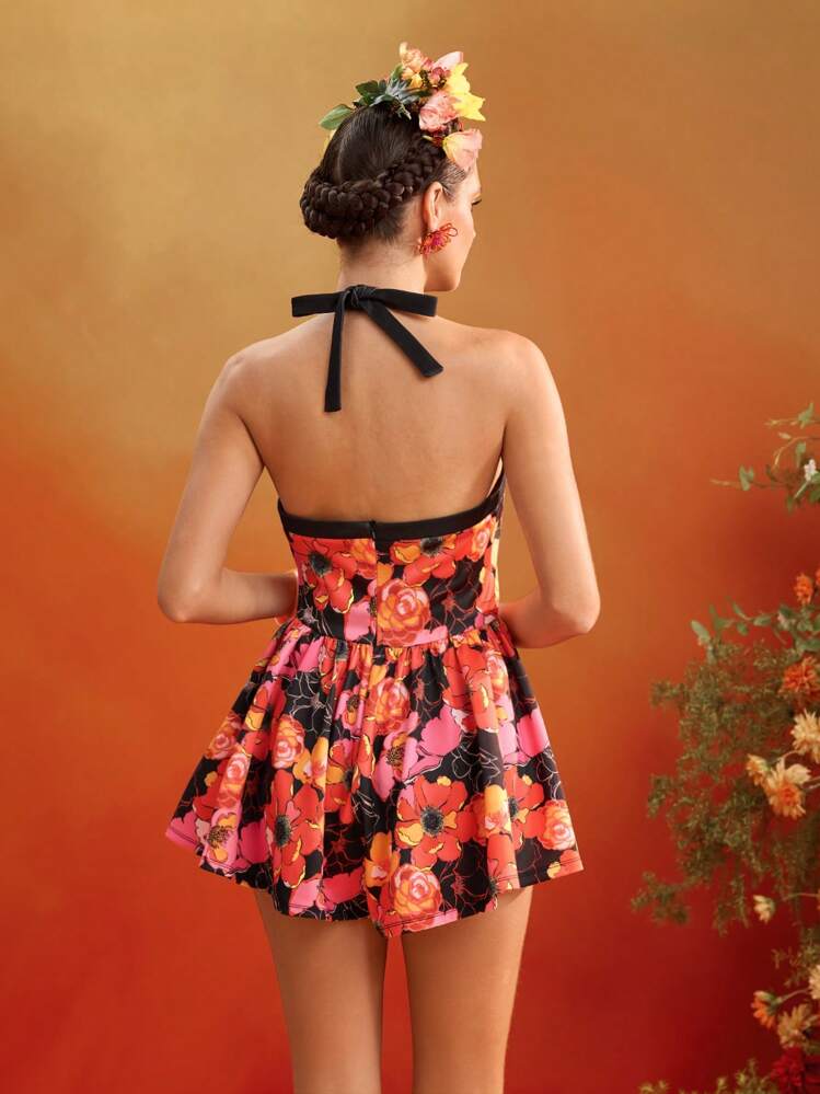 The Perfect Party Frida Kahlo X SHEIN X Designer Floral Print Black Halter Tie Neck Short Jumpsuit For Women Summer Vacation Holiday Beach - Multicolor - View 2
