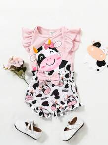 SHEIN Baby Girl Cow Cartoon Patterned Ruffle Armhole Paperbag Waist Bow Detail 2 In 1 Bodysuit , Summer - Multicolor - View 2