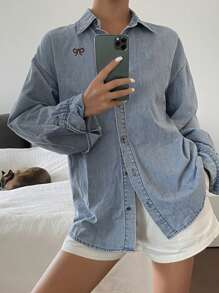 Livesso Women's Summer Solid Color Butterfly Embroidery Denim Blouse,Jeans Jacket,Fall Women Clothes Long Sleeve Women - Blue - View 6