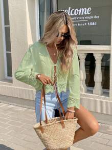 SHEIN Frenchy Women's Green Lace-Up Hollow Out Long Sleeve Blouse Winter Casual Christmas - Green - View 6