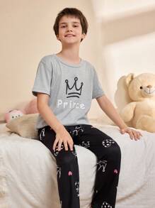 SHEIN 皇冠印花短袖和长裤男童睡衣套装 - 灰色 - 查看 7