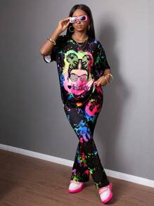 SHEIN Leap Crew 2pcs Set Teen Girls Dip Dye Spray Print Knitted Top And Flared Pants For Casual, Street Wear, Festival In Summer, Rave Outfit - Multicolor - View 3