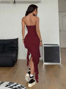 Coolane 女士夏季音乐会西部装度假 Y2K Gyaru 弹力不对称荷叶边无袖酒红色连衣裙，俱乐部性感波西米亚风装，外出 - 酒紅色 - 查看 2