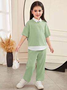 SHEIN Lässiger, eleganter Anzug für Kleine Mädchen im Büro mit lockerem Hemdkragen, übergroßer, überschnittener Schulter, kurzen Ärmeln, strukturiertem Spleiß-Farbblock-Bluse-Oberteil und gerade geschnittener Hose