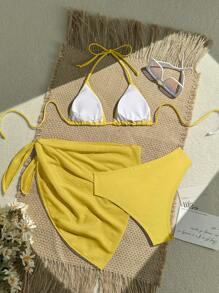 Swim Vcay Women Beach Vacation Floral Print Yellow Bikini Swimsuit Set , 3 Pieces Bathing Suit For Summer