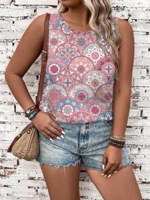 SHEIN VCAY 加大码粉色花卉几何印花吊带背心和背心，适合夏季度假 - 彩色 - 查看 4