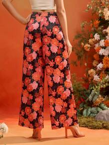 Oxana Frida Kahlo X SHEIN X Designer 满版花卉印花松紧腰口袋阔腿裤，适合夏季女士 - 彩色 - 查看 2