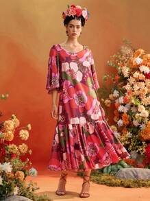 TIYA Frida Kahlo X SHEIN X Designer 花卉印花喇叭袖 A 字中长连衣裙女式夏季连衣裙度假装 - 彩色 - 查看 3
