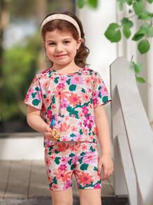 SHEIN 2pcs/Set Young Girl Floral Print Round Neck Short Sleeve T-Shirt And Shorts, Holiday Matching Set - Multicolor - View 2