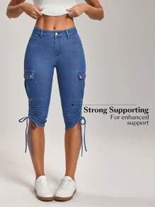 Flexra 女士休闲抽绳口袋卷边及膝牛仔短裤，夏季