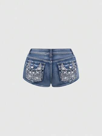 ROMWE Avant Pantaloncini di jeans da donna, vita bassa, super corti, in stile vintage Y2K punk hippy, con ricamo di pistola