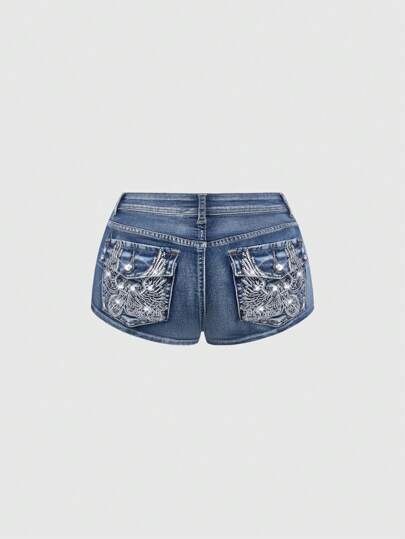 ROMWE Avant Shorts de mezclilla de tiro bajo y súper cortos con bordado de arma, estilo vintage Y2K punk hippie, para mujer