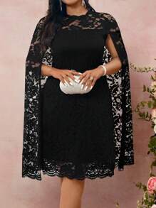 Allurite Women's Plus Size Round Neck Slit Long Sleeve Cape Loose Fit Lace Dress Summer Women Outfit Spring Dress Elegant Lace Dress Wedding Women Dress Romantic Dress Wedding Guest Business Casual Dress