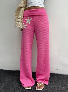 SHEIN EZwear 女士度假风粉色针织阔腿裤 - 粉色 - 查看 7
