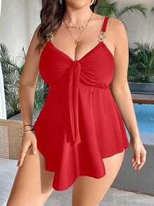 Swim Lushoire 大码女式纯色 Camikini Tankini 泳衣 - 紅色 - 查看 1