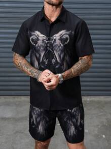 Manfinity LEGND Conjunto de camisa de manga corta con estampado de león y shorts de verano para hombre