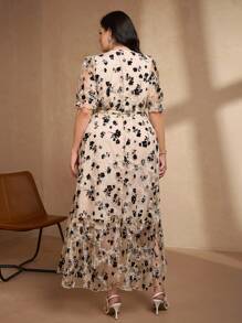 SHEIN Clasi Plus Size Women Long Sleeve Mesh & Flocked Dress, Elegant Summer Dress, Suitable For Outdoor Wear Fall Women Clothes Fall Clothes Autumn Business Casual - Multicolor - View 2